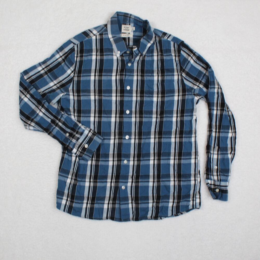 Flint Tinder Plaid Shirt Mens Large Button Blue Cotton Workwear Western Preppy